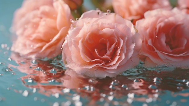 Fleurs roses dans l'eau avec des gouttes sur un fond d'été fond naturel abstrait minimaliste GENERATE AI