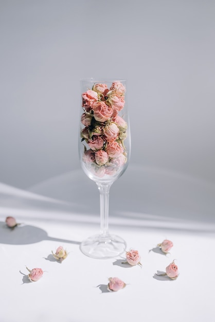 Fleurs roses dans un verre sur fond blanc