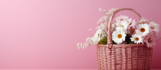 Des fleurs roses délicates et des marguerites dans un panier en osier élégance pastel IA générative