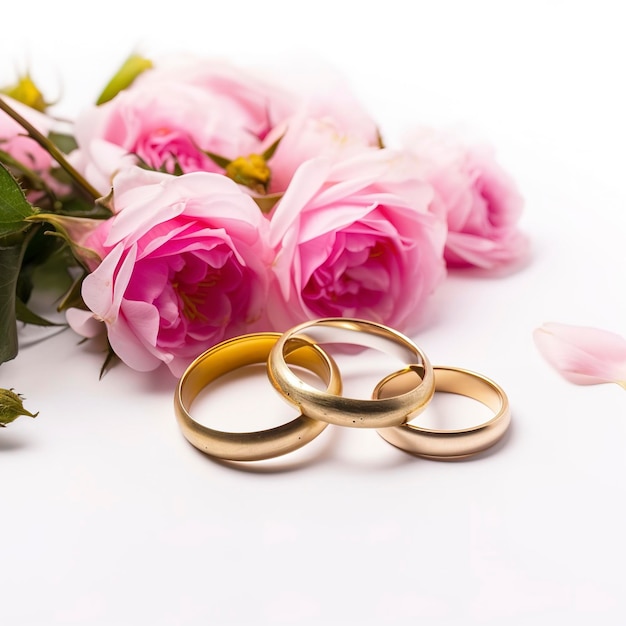 Des fleurs roses et deux bagues de mariage en or sur un fond blanc.