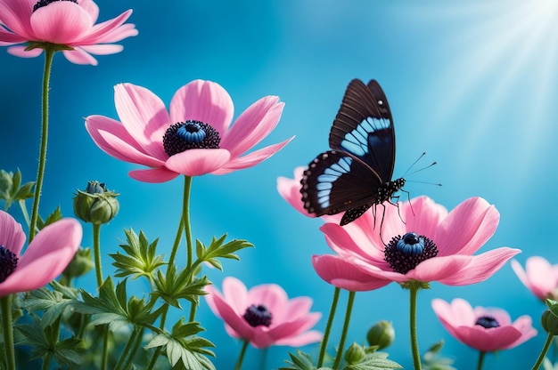 Des fleurs roses étonnantes un matin de printemps frais avec un papillon bleu volant sur un fond bleu doux une image artistique élégante parfaite concept de nature printanière copier l'espace de texte publicitaire illustration générative Ai