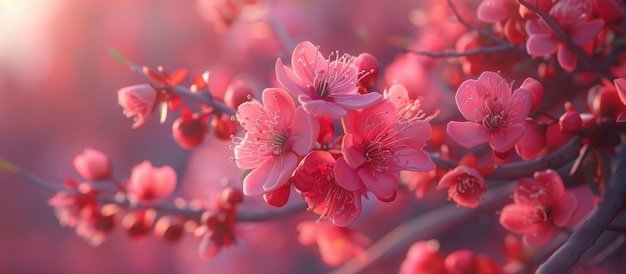 Des fleurs roses fleurissent sur les branches des arbres