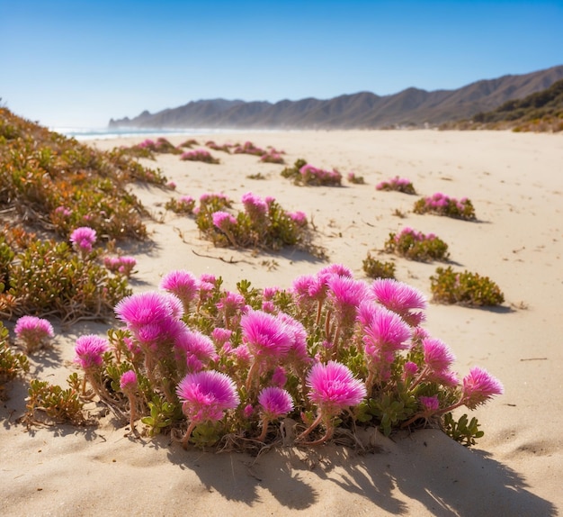 Photo des fleurs roses fleurissent sur une plage de sable fin du cap, en afrique du sud.