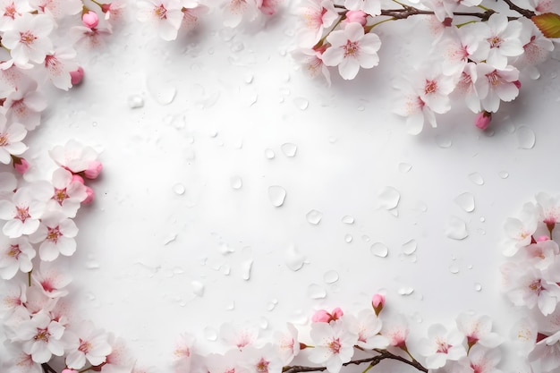 Fleurs roses sur fond blanc avec des gouttes d'eau.