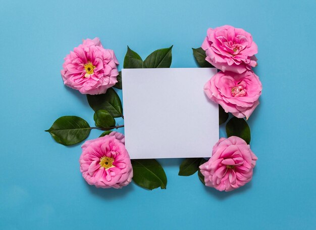 Fleurs roses sur fond bleu avec une carte vierge pour votre texte