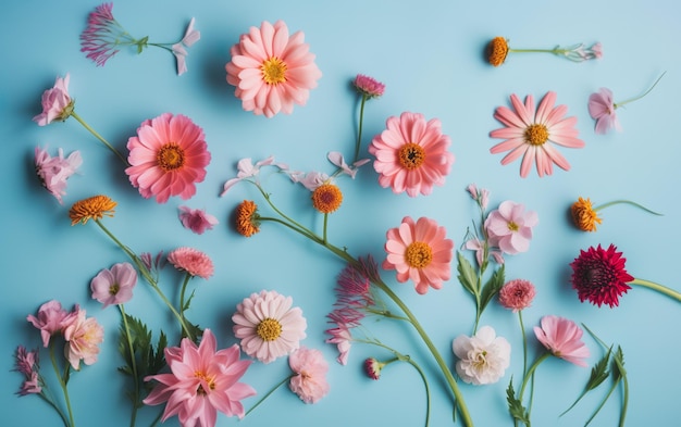 Fleurs roses sur fond bleu