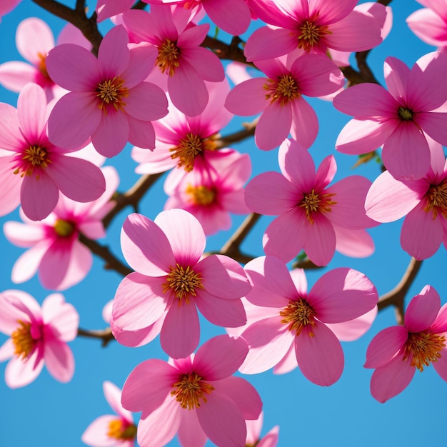 Fleurs roses sur fond de ciel bleu