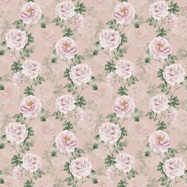 Fleurs roses à la hanche avec des feuilles vertes aquarelle de style victorienne motif sans couture sur rose pêche