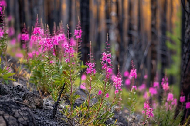 Photo les fleurs roses de l'herbe de feu fleurissent résiliemment dans un paysage post-incendie un symbole d'espoir et de régénération