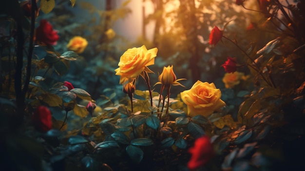 Fleurs roses jaunes et rouges en fleurs dans un jardin mystique