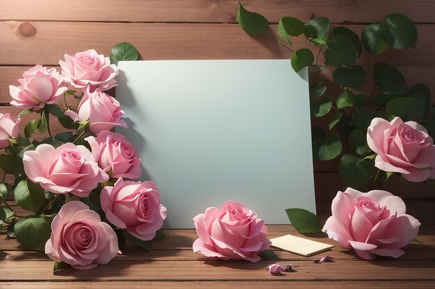 fleurs roses avec une note vide pour l'espace de copie sur la table en bois concept de fête des mères