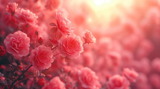 Des fleurs de roses roses à la lumière du soleil Arrière-plan floral avec espace de copie