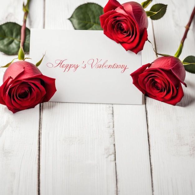 Des fleurs de roses rouges sur un fond de bois blanc Carte de vœux romantique pour la Saint-Valentin