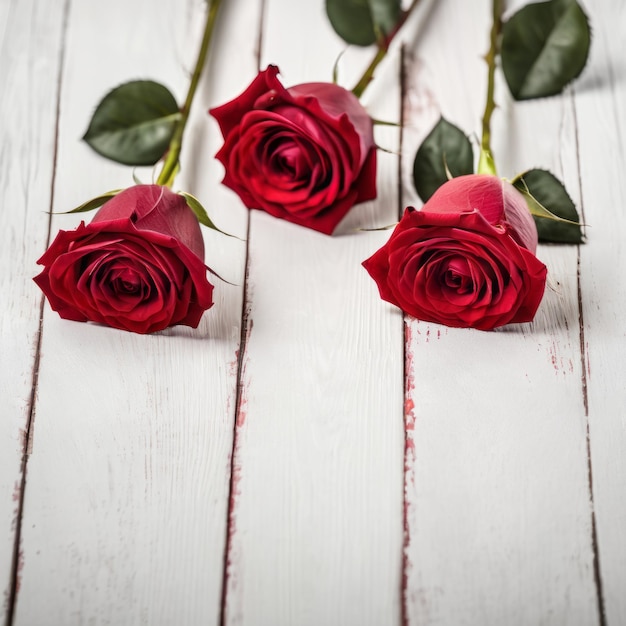 Des fleurs de roses rouges sur un fond de bois blanc Carte de vœux romantique pour la Saint-Valentin