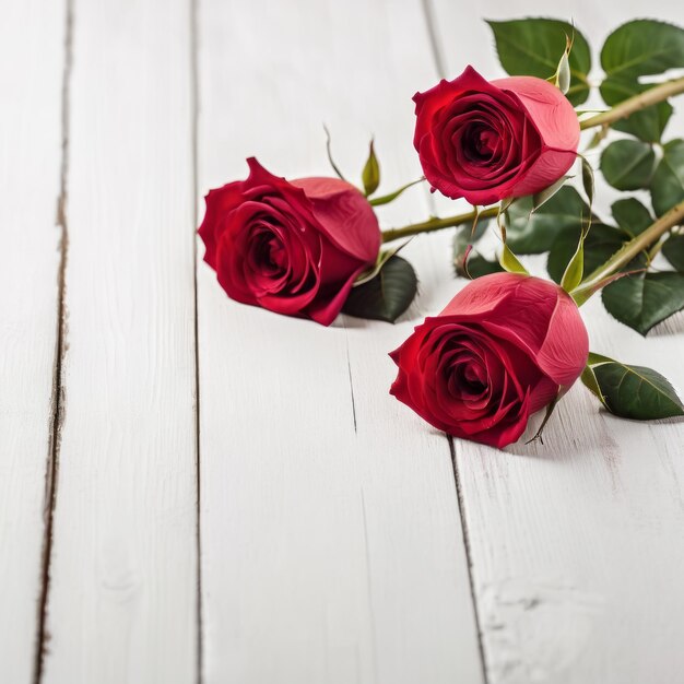 Des fleurs de roses rouges sur un fond de bois blanc Carte de vœux romantique pour la Saint-Valentin