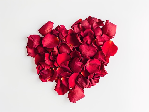 Des fleurs de roses rouges formant un cœur Les pétales de roses du jour de la Saint-Valentin forment un cœur sur un fond blanc Concept d'amour