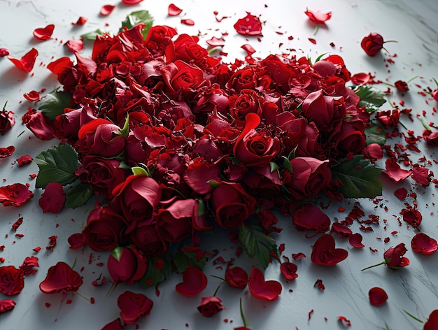Des fleurs de roses rouges formant un cœur Les pétales de roses du jour de la Saint-Valentin forment un cœur sur un fond blanc Concept d'amour