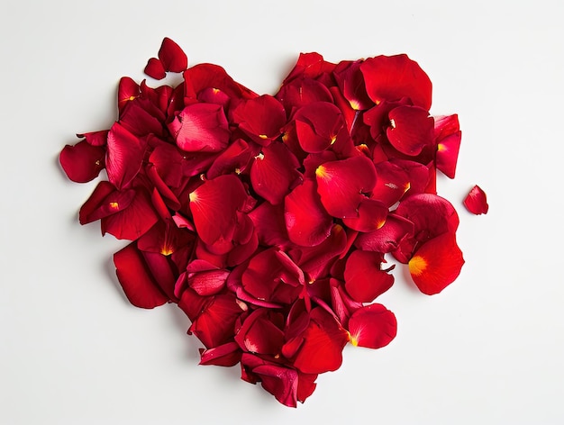 Des fleurs de roses rouges formant un cœur Les pétales de roses du jour de la Saint-Valentin forment un cœur sur un fond blanc Concept d'amour