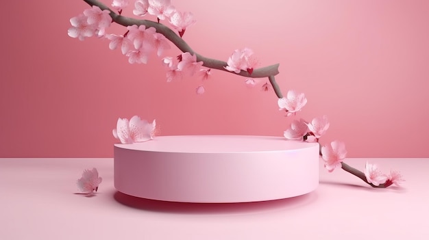 Fleurs roses de Sakura tombant sur un podium avec une teinte rose générée par l'IA