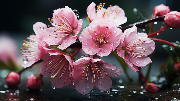 Des fleurs roses et sereines sous la pluie Photo dans le style de la beauté 4K