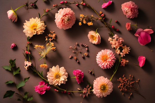 Les fleurs roses sont disposées en cercle sur un fond clair