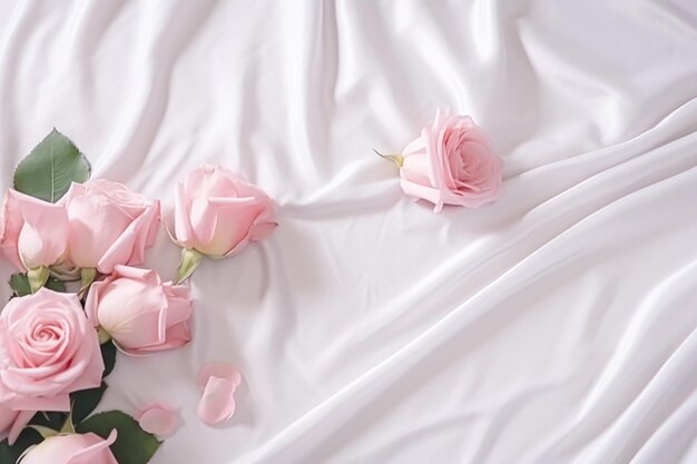 Des fleurs roses sur un tissu blanc Espace de copie à vue supérieure à couche plate Arrière-plan floral