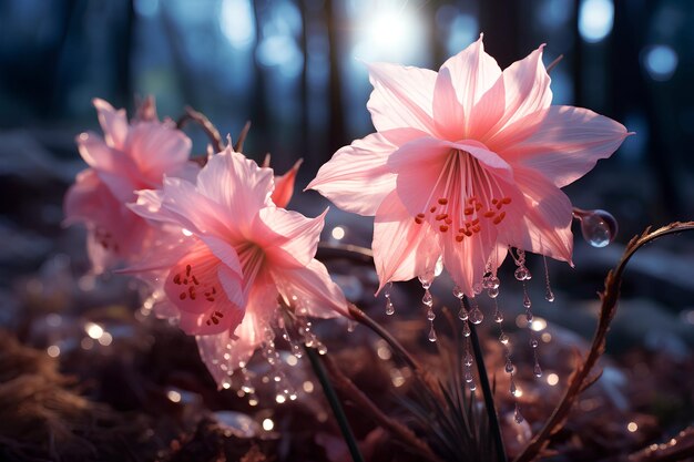 Des fleurs roses translucides magiques en gros plan