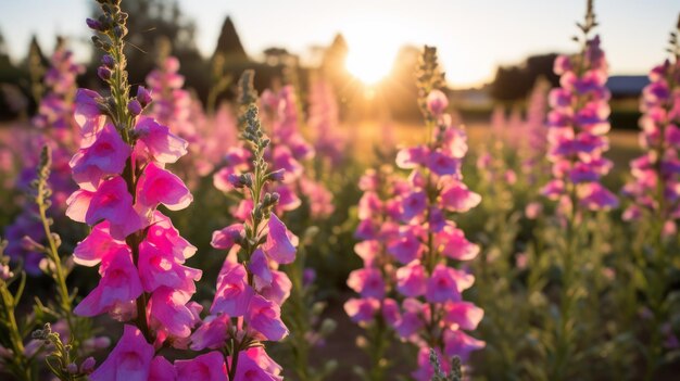 Des fleurs roses vibrantes au coucher du soleil Une célébration de la vie rurale