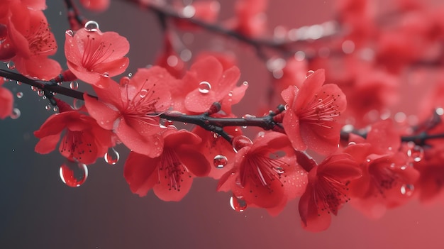 Fleurs rouges sur une branche avec des gouttes d'eau