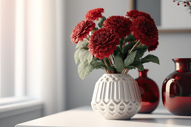 Fleurs rouges dans un vase sur fond blanc dans une pièce décoration intérieure actuelle