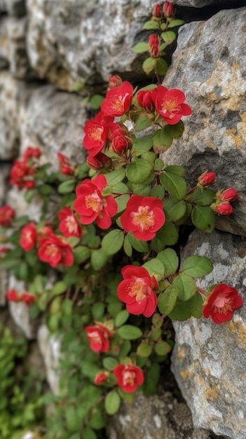 Fleurs rouges sur un mur de pierre avec des feuilles vertes et le mot "rouge" sur le côté.