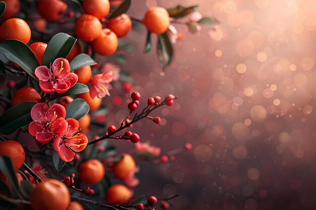 Fleurs rouges et oranges sur une branche avec des baies