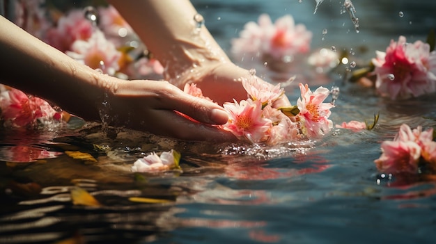 Fleurs sacrées dans les mains des filles de l'eau