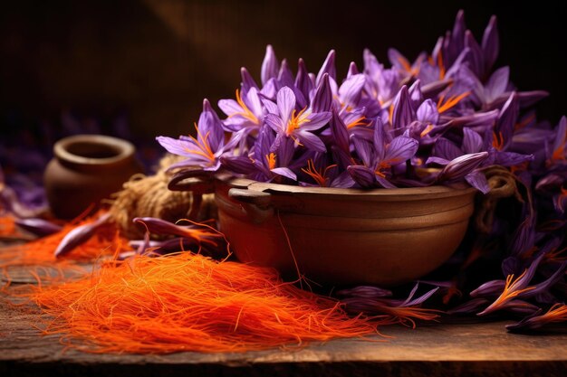 Photo des fleurs de safran violet disposées sur un fond turquoise pour le texte