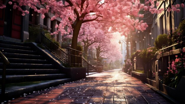 Des fleurs de sakura sur une route urbaine remplies de couleurs roses sur tout le monde.
