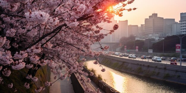 Des fleurs de sakura avec vue sur la ville