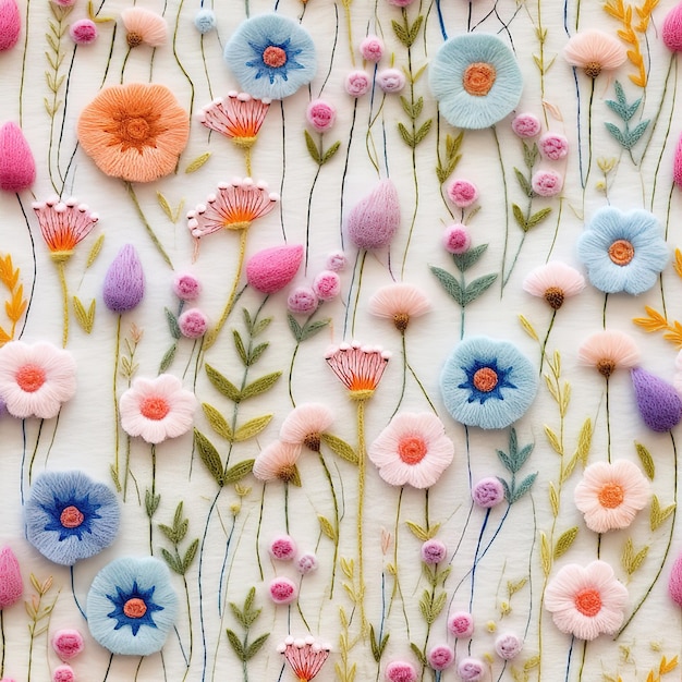 Des fleurs sauvages 3D feutrées sans couture dans un motif de couleurs pastel