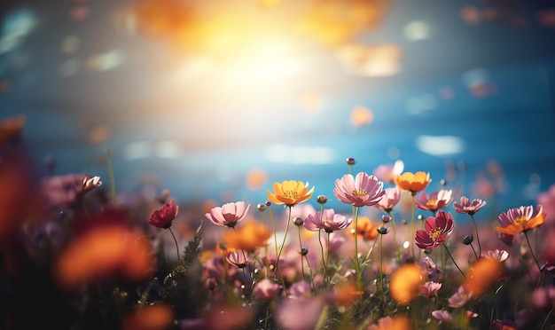 Des fleurs sauvages colorées différentes fleurs dans le champ Pré de fleurs sauvage colorées avec le soleil et le ciel bleu