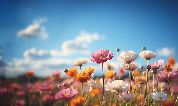 Des fleurs sauvages colorées différentes fleurs dans le champ Pré de fleurs sauvage colorées avec le soleil et le ciel bleu