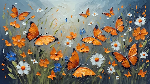 fleurs sauvages délicates et papillons orange peints à l'huile