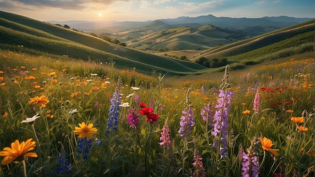 Des fleurs sauvages en fleurs sur les collines au coucher du soleil