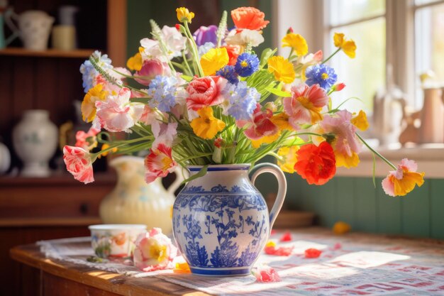 Fleurs sauvages fraîchement cueillies dans un vase avec motif folklorique sur une table de cuisine Illustration générative de l'IA