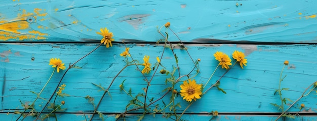 Des fleurs sauvages jaunes sur des planches de bois bleues peintes