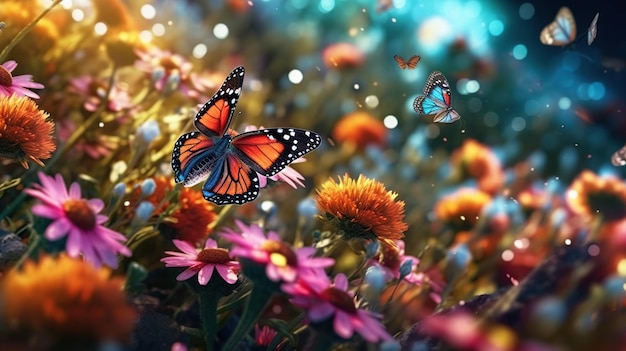 Fleurs sauvages et papillons IA générative