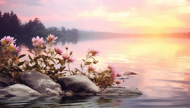 Photo des fleurs sauvages qui poussent près de l'eau au coucher du soleil