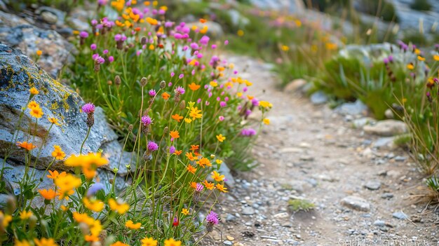 Photo des fleurs sauvages vibrantes bordent un sentier rocheux, créant un spectacle époustouflant et coloré.