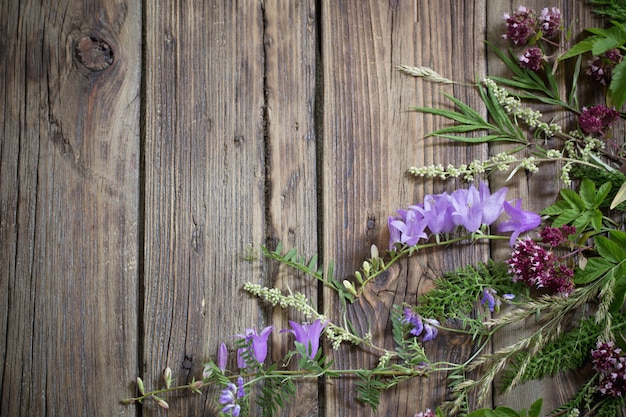 Fleurs sauvages sur vieux bois foncé