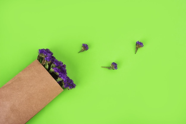 Fleurs séchées bleues dans un sac en papier sur fond vert. Gros plan. Vue de dessus, espace de copie