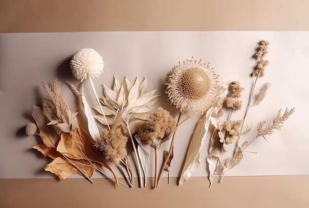 fleurs séchées dans un emballage en papier sur le dessus de table