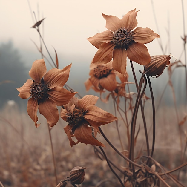 Des fleurs séchées dans le pré au lever du soleil Style vintage